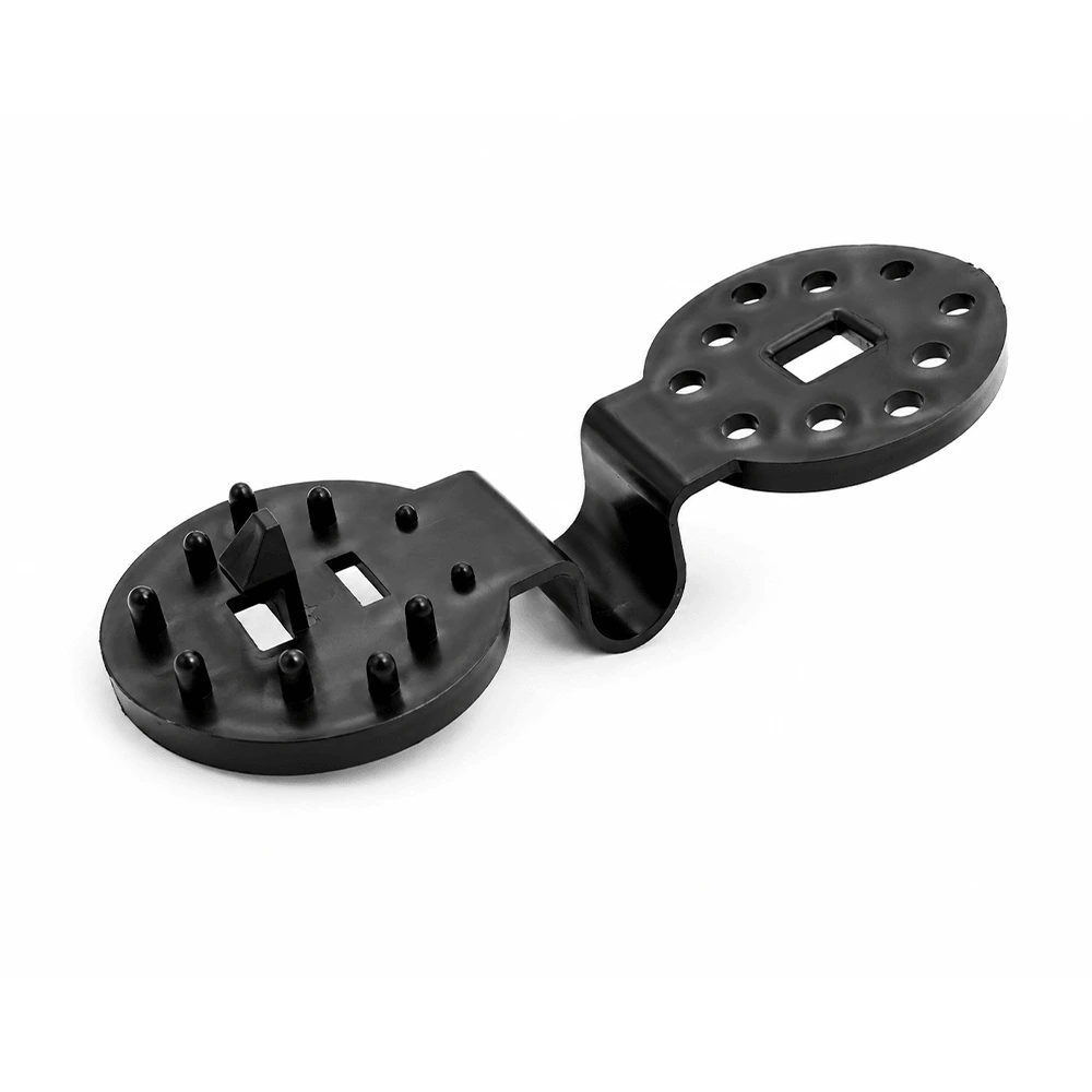 Open black plastic shade net fixing clip with locking pins and attachment holes.