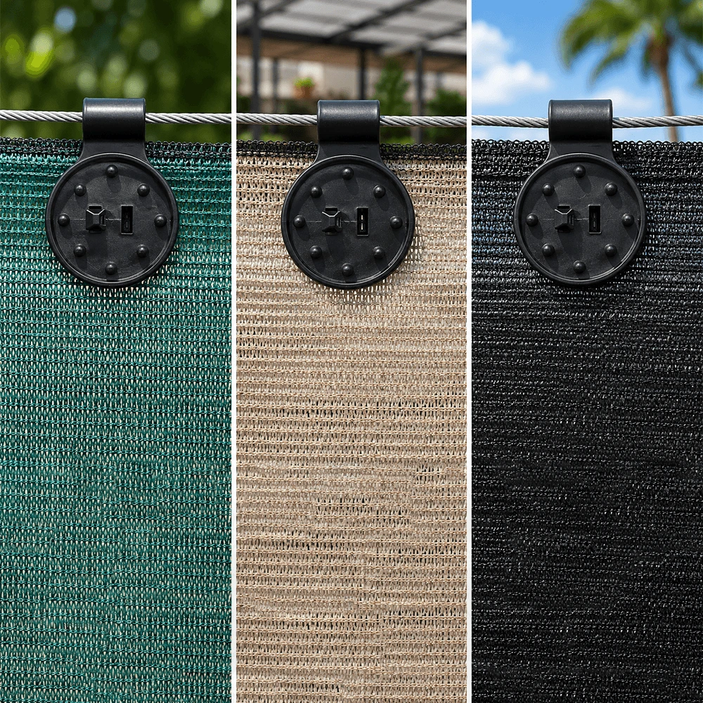 Black shade net clips securing green, beige and black shade netting to steel cables.